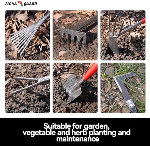 FLORA GUARD 6-Piece Garden Tool Set | Heavy Duty Gardening Hand Tools with High Carbon Steel Including Trowel, Rakes, 2-in-1 Hoe and Crack Weeder