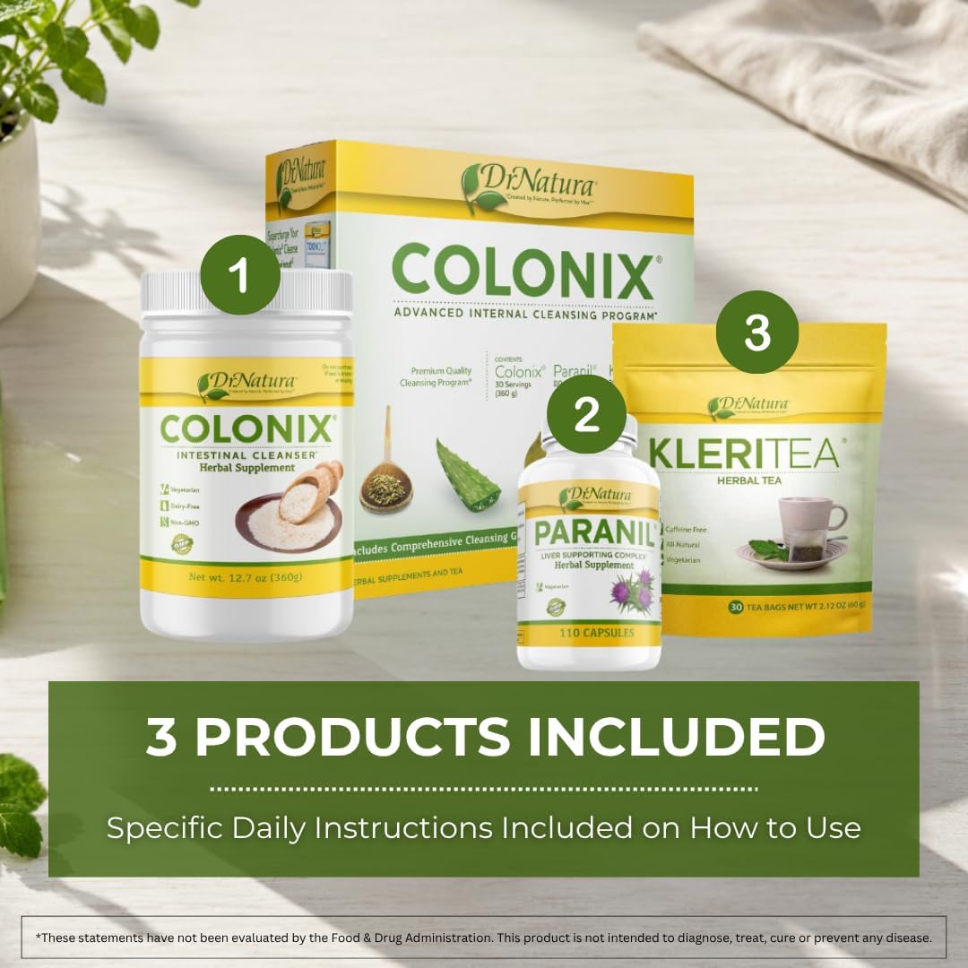 DrNatura Colonix 3-Part Colon Cleanse Kit – Whole Psyllium Husk Fiber Powder, Herbal Capsules & Herbal Tea, 30 Day Digestive & Gut Support Program, 16 oz (Pack of 1)