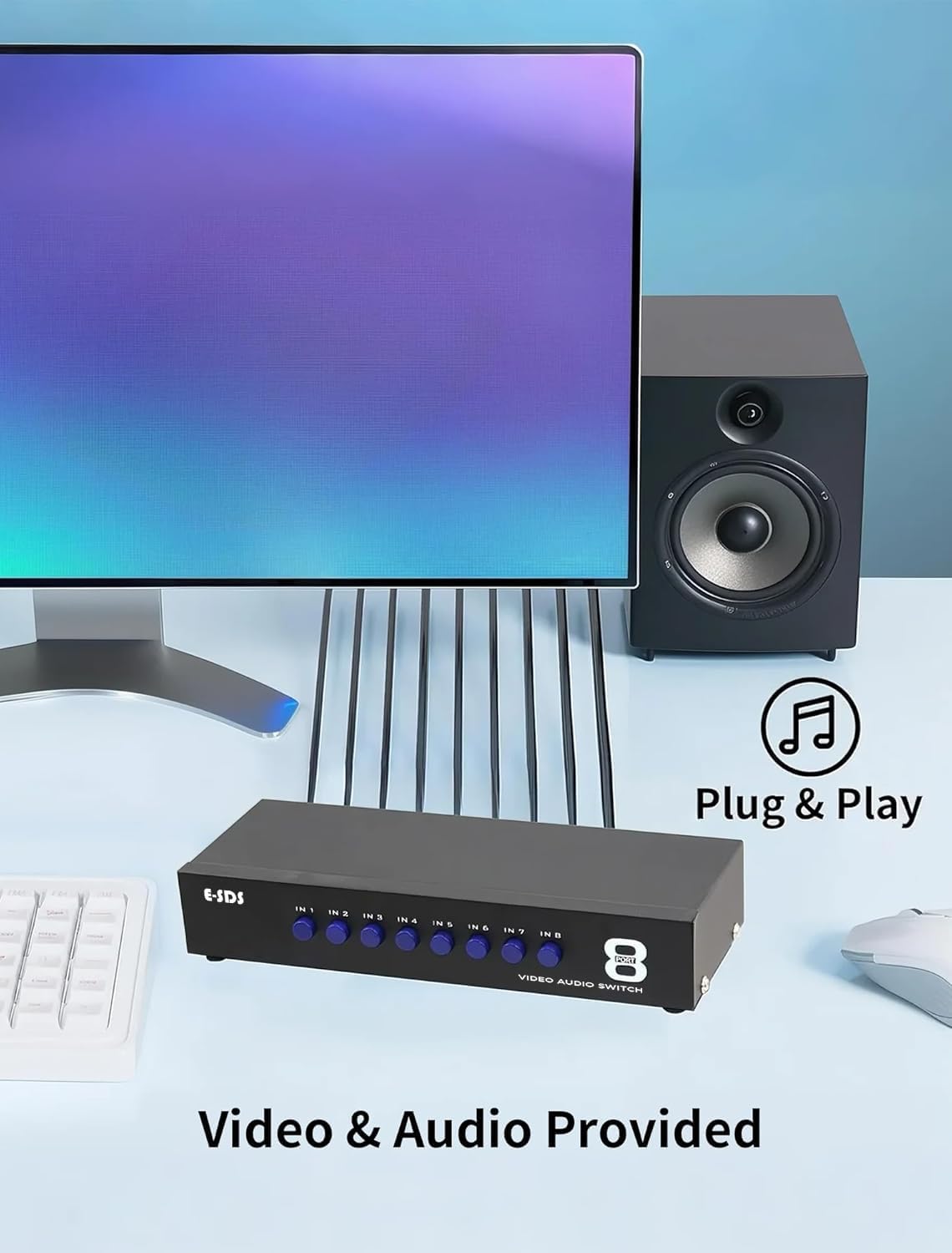 E-SDS 8-Way RCA Switch AV Switcher 8 in 1 Out Composite Selector Box | AV Switch Video L/R Audio Selector Box for DVD STB Game Consoles