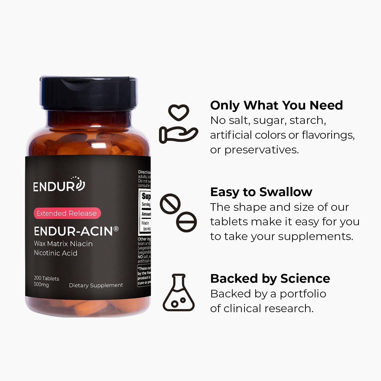 ENDUR-ACIN - Niacin B3 - ER (Extended Release) 500 mg (200 ct) | Nicotinic Acid Formula Supporting Healthy Heart & Cholesterol Balance with