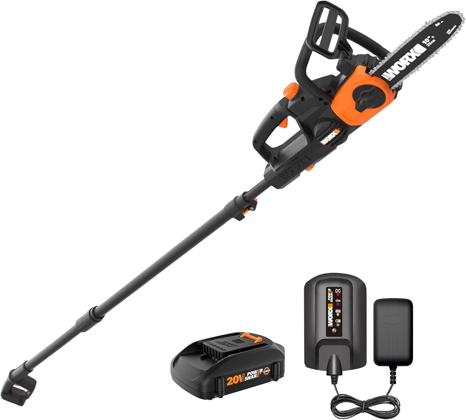 WORX Cordless Chainsaw, 20V 10" 2-in-1 Pole Saw with Auto-Tension, WG323 | 12' extra reach with pole, weighs 10 lbs, auto-tension chain adjustment
