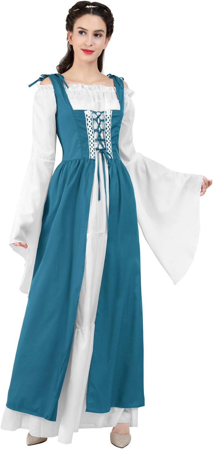 Kranchungel Renaissance Costume Women Dress: Flowy Long Sleeve Medieval Dress for Renaissance Faires & Medieval Festival