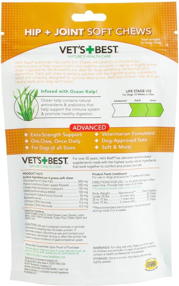 Vet's Best Advanced Hip & Joint Soft Chews for Dogs, 30 Day Supply | Glucosamine & Chondroitin Soft Chews, Supports Joint Mobility & Cartilage Health