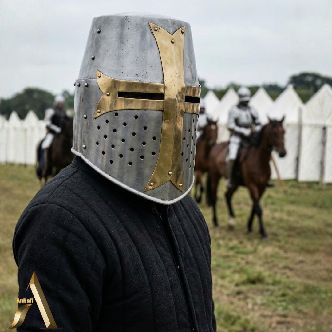 AnNafi® Brass Crusader Helmet | Medieval Metal Knight Helmets | PREMIUM QUALITY with Fitted LEATHER LINER | Dark Crusades Helmet Wearable for Adult