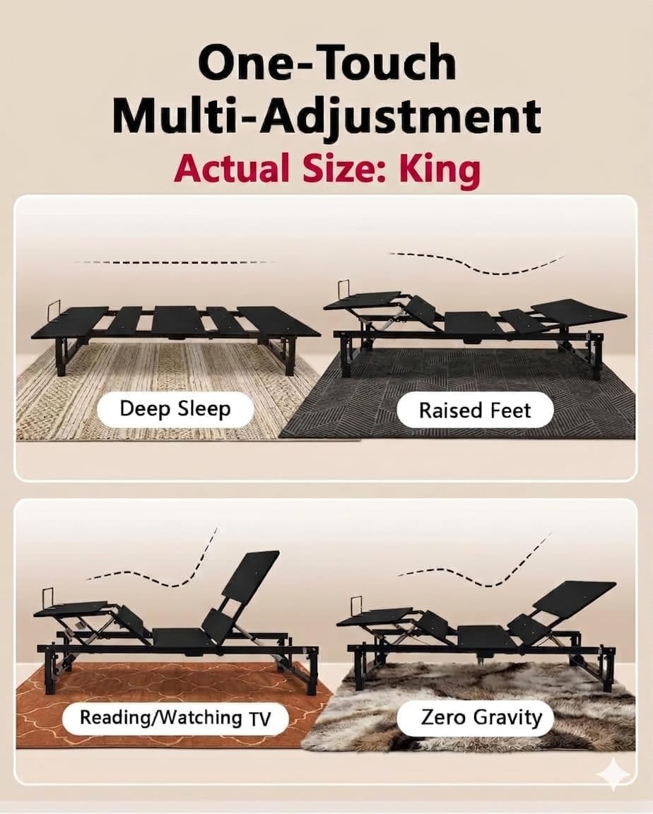 Mixcous King Adjustable Bed Frame with Zero Gravity Heavy Duty 750 lbs | Zero Gravity Anti-Snore Mode, Head & Foot Incline, Wireless Remote Control, Easy Assembly, Heavy Duty Frame