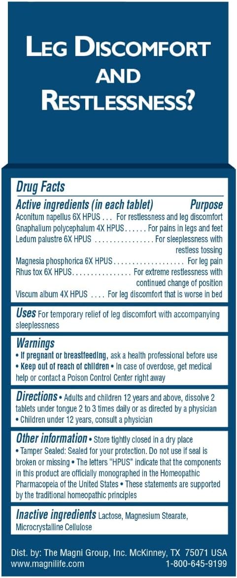 MagniLife Relaxing Legs Sublingual Tablets, 125 Count, Quick-Dissolving Homeopathic Pain Reliever & Nighttime Sleep Aid, Helps Calm Restless Legs, Discomfort & Sleepless Tossing