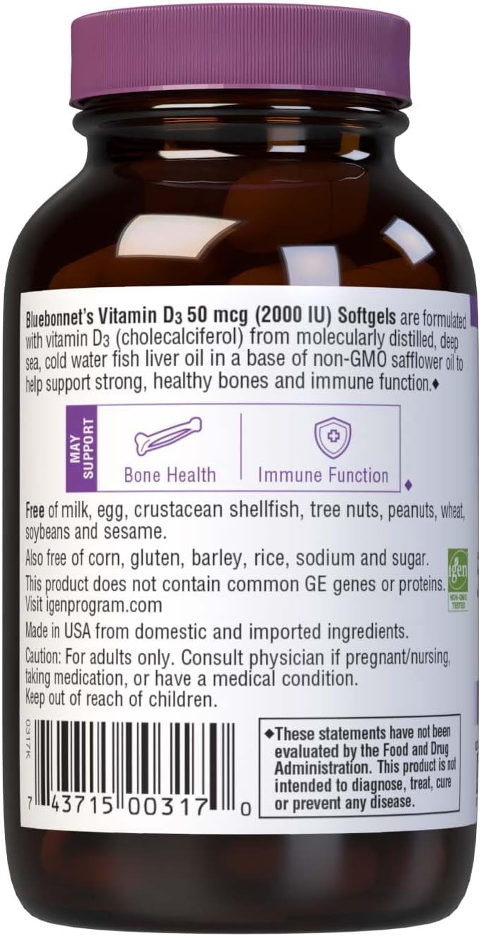 BlueBonnet Nutrition Vitamin D3 2000 IU, 100 Softgels | Strong Bones & Immune Support; Non-GMO