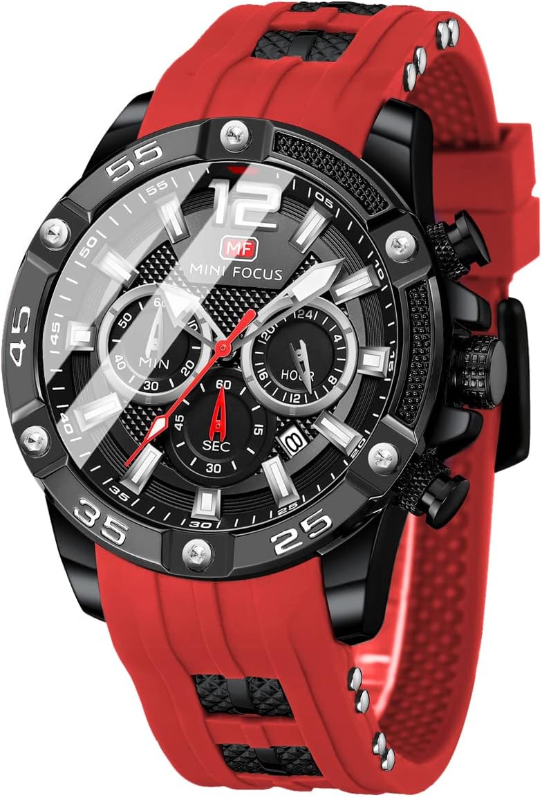 MF MINI FOCUS Men Watch, Chronograph Waterproof Sport Analog Quartz Watches Blue Silicon Strap Fashion Wristwatch for Men