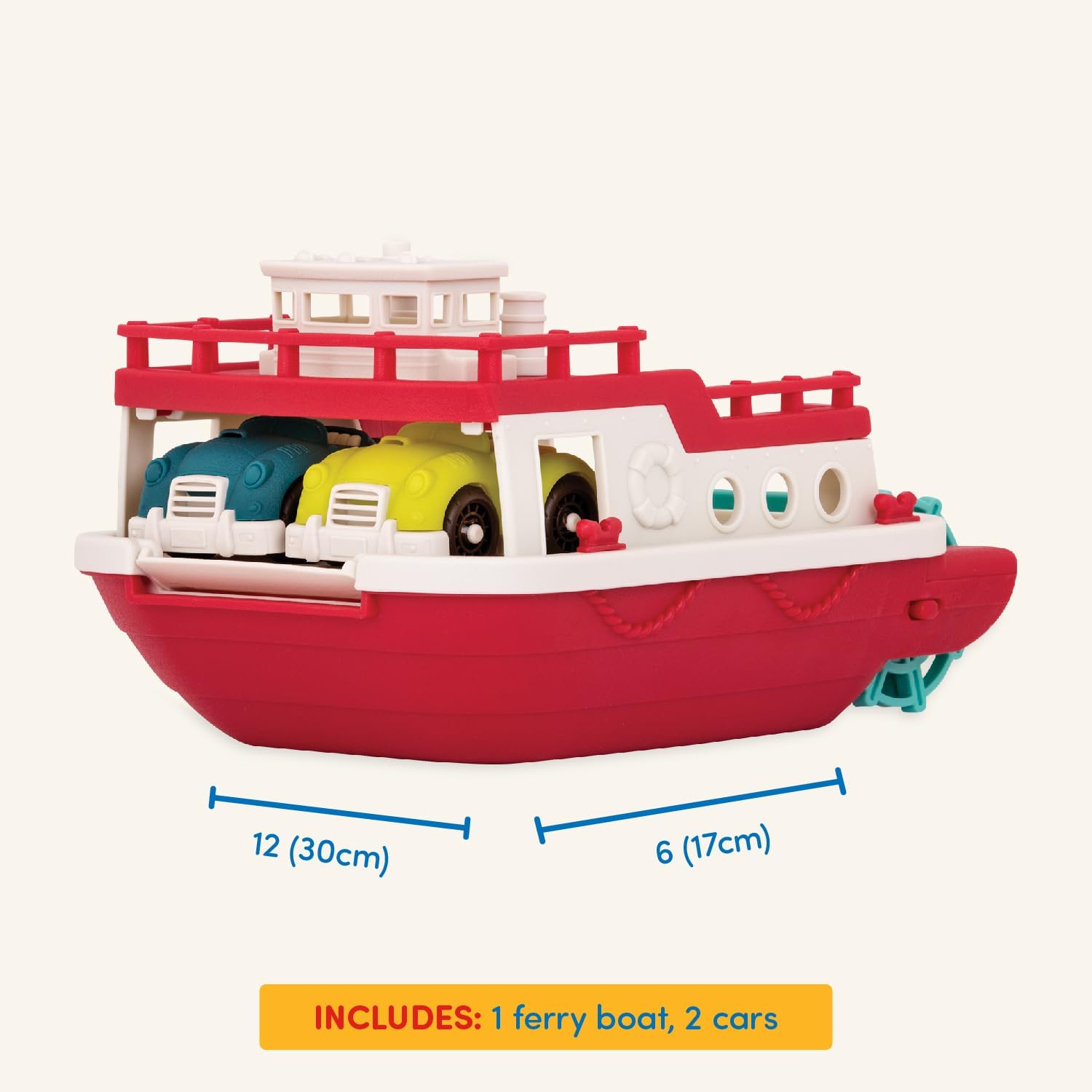 Battat Wonder Wheels Bath Toy Ferry Boat with 2 Cars, Floating Play, Trucks | Pool and bath toy boat with slide-out ramp, wind-up propeller