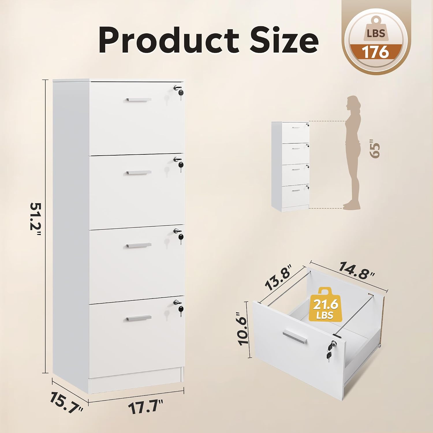 DEVAISE 3 Drawer Wood File Cabinet with Lock, Fits Letter and A4 Size | Wooden Tall Vertical Filing Cabinet, Home Office Printer Stand, Easy Assembly, White