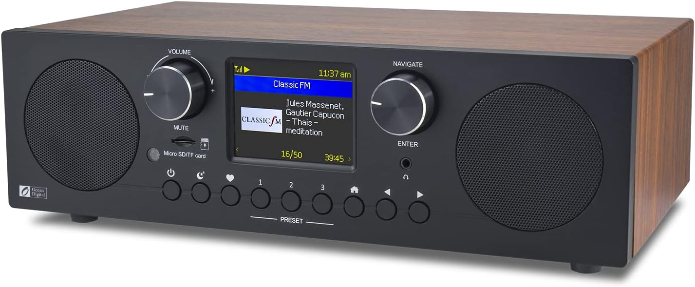 Ocean Digital WR-800 FM Wi-Fi Internet Radio Stereo Speakers Micro SD Line Out Aux in 30