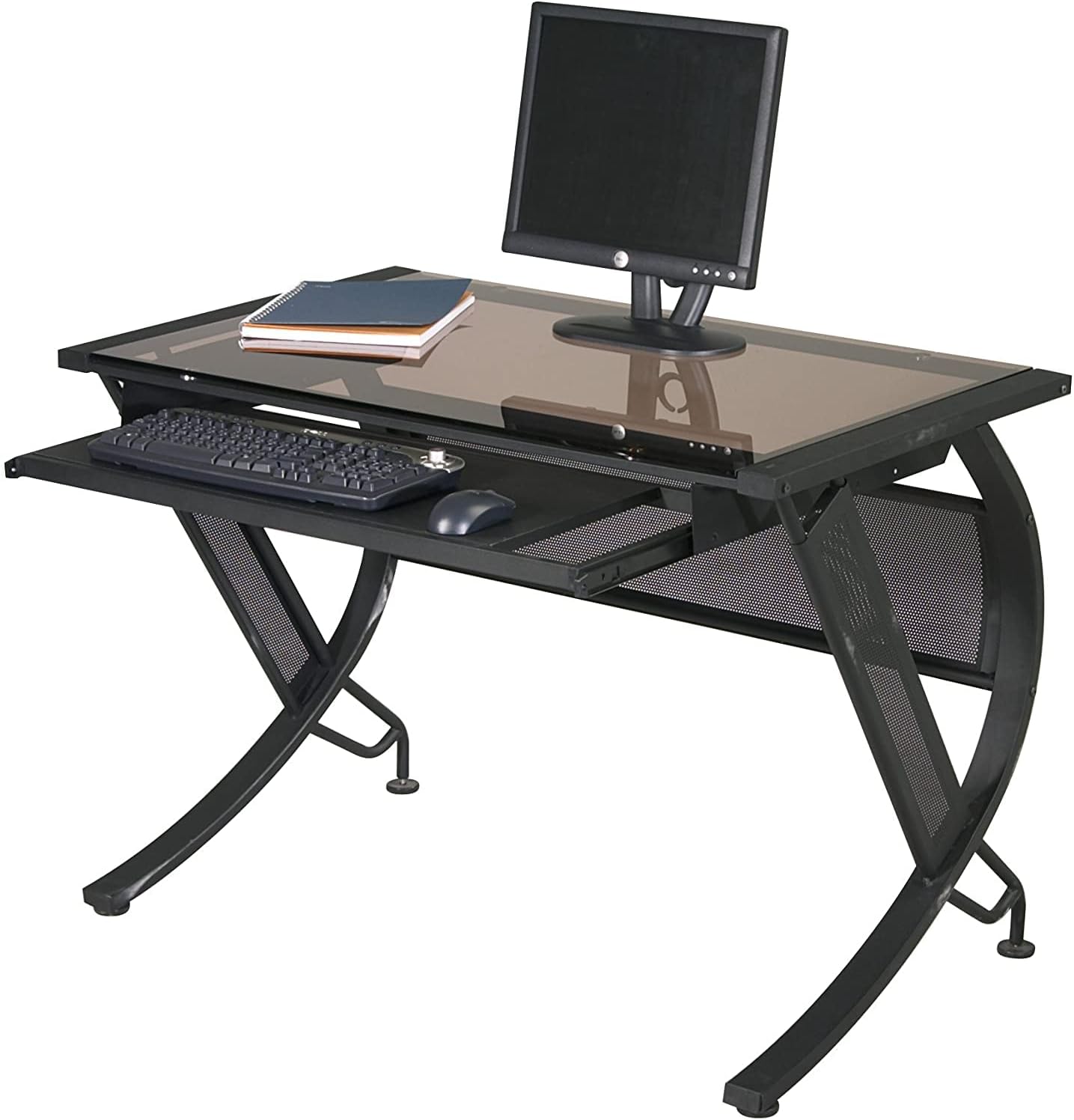 OSP Home Furnishings Horizon Computer Desk with Pull-Out Keyboard Tray, Tempered Glass Top and Steel Frame, Black