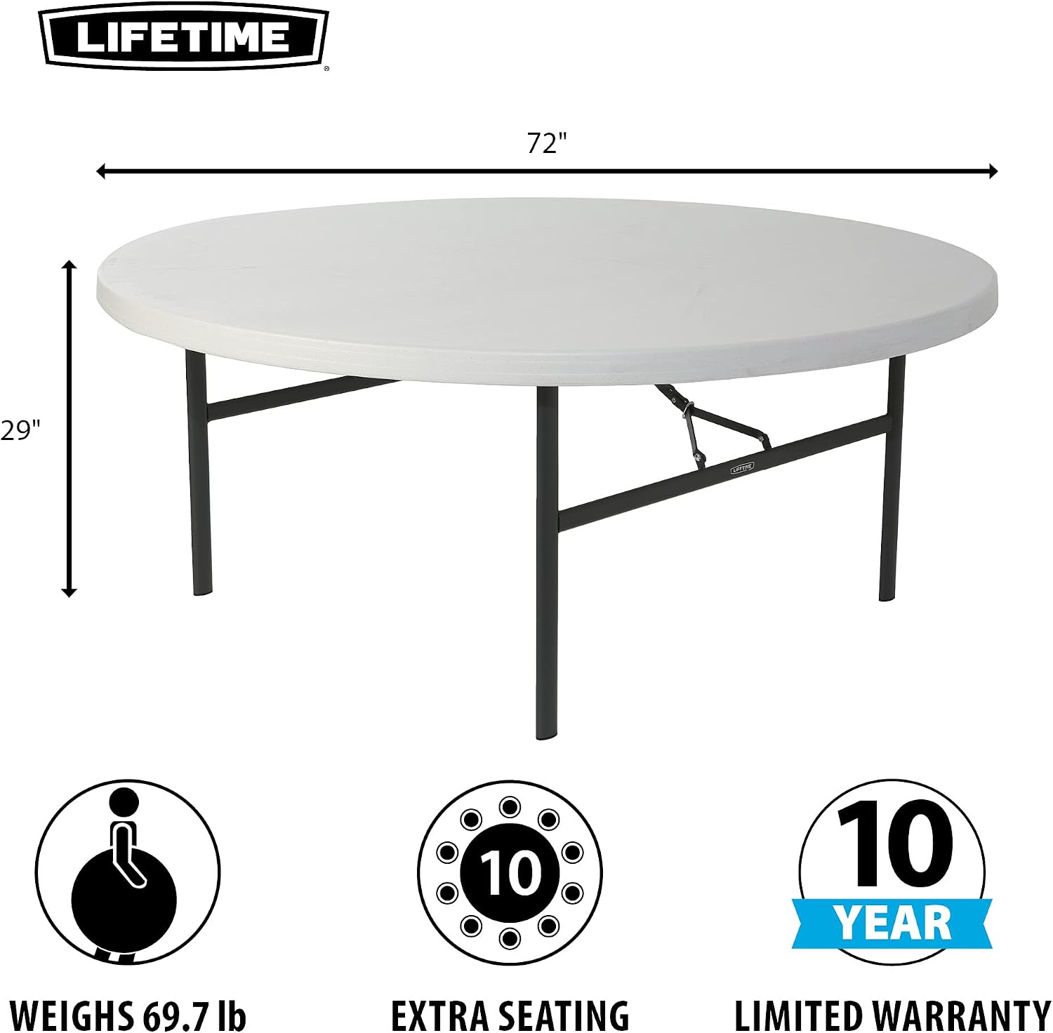 Lifetime 22673 Folding Round Table, 6 Foot, White Granite