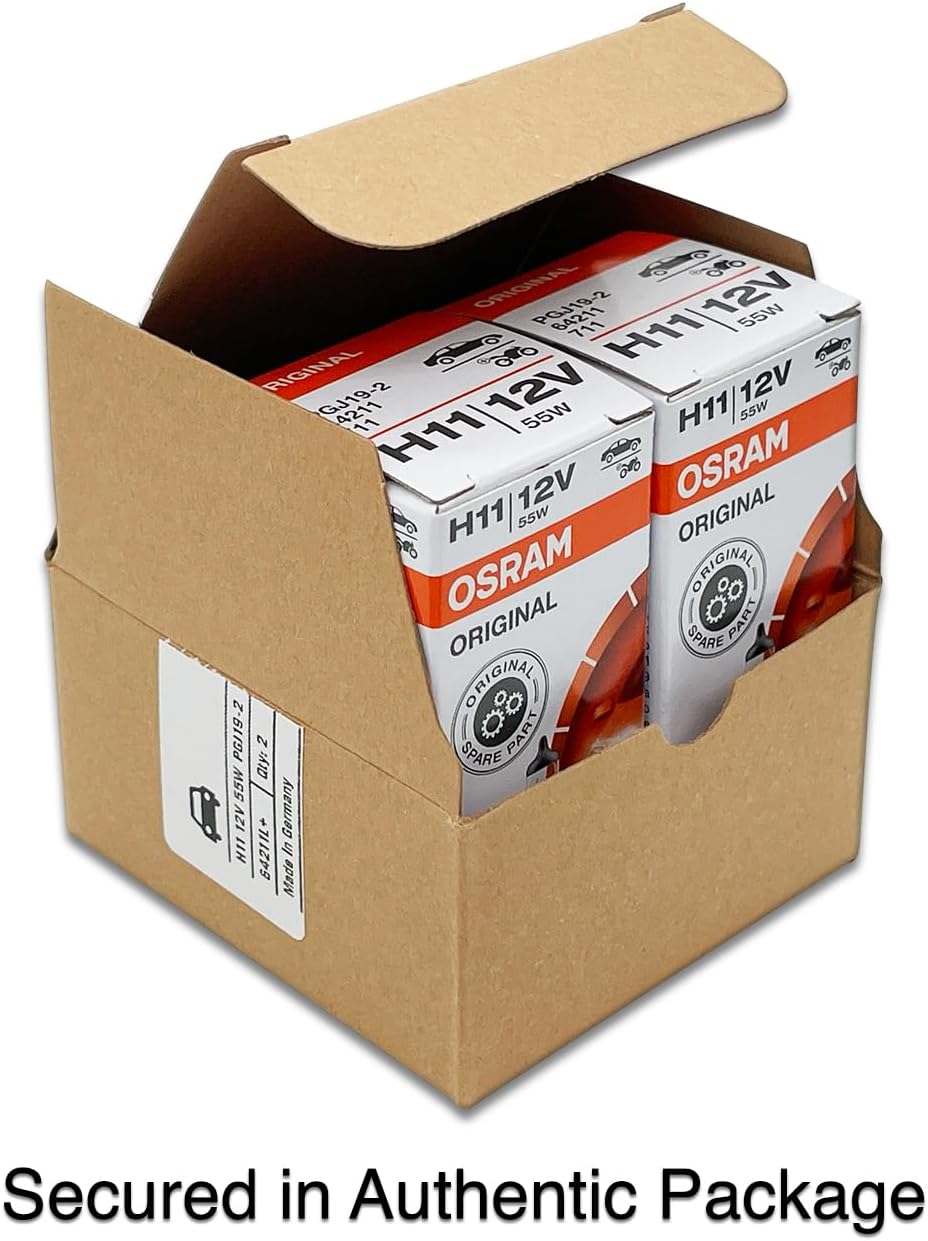 OSRAM H11 OEM Original Standard Halogen Headlight Bulbs 12V 55W 64211L+ (Long Life) Made in Germany | Pack of 2 | Long Life, 3200K, 12V, 55W