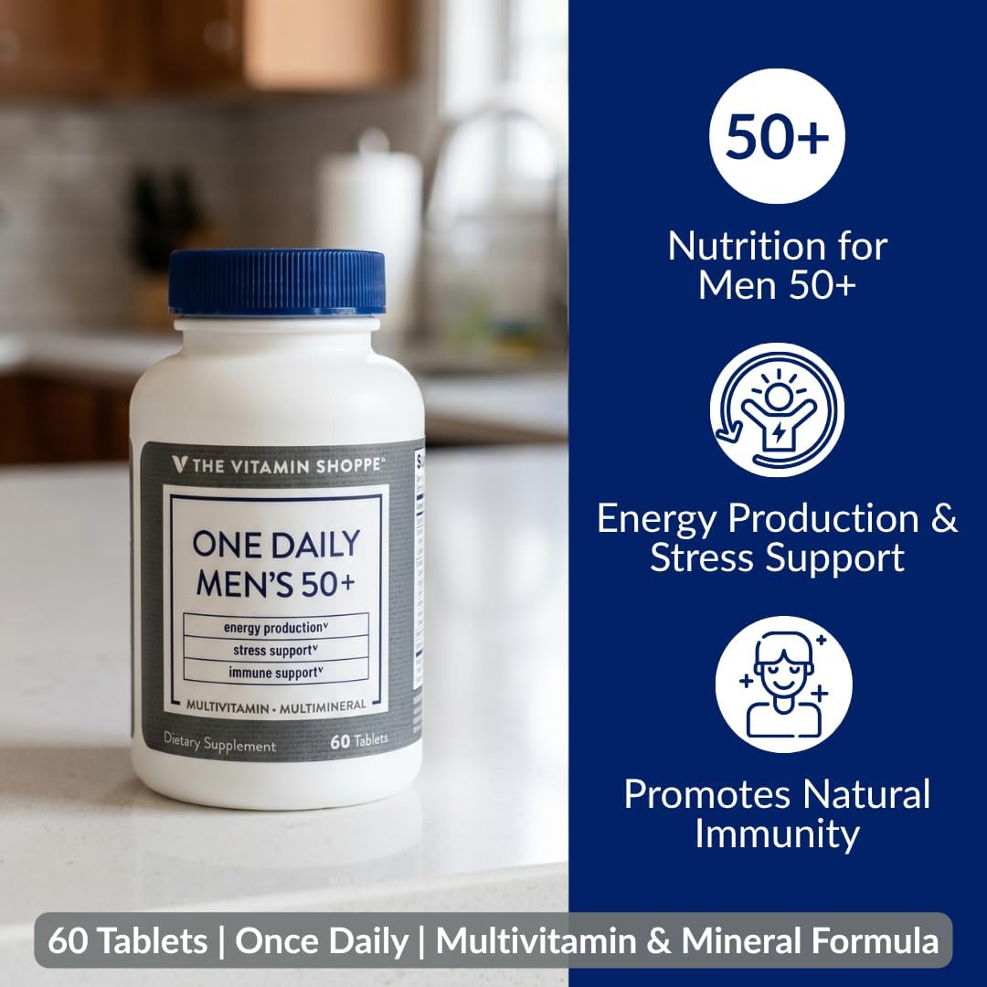 The Vitamin Shoppe Brand One Daily Men's 50+ Multivitamin, 60 Tablets | Includes Magnesium, Zinc, Calcium and More, Energy Stress & Immune Support
