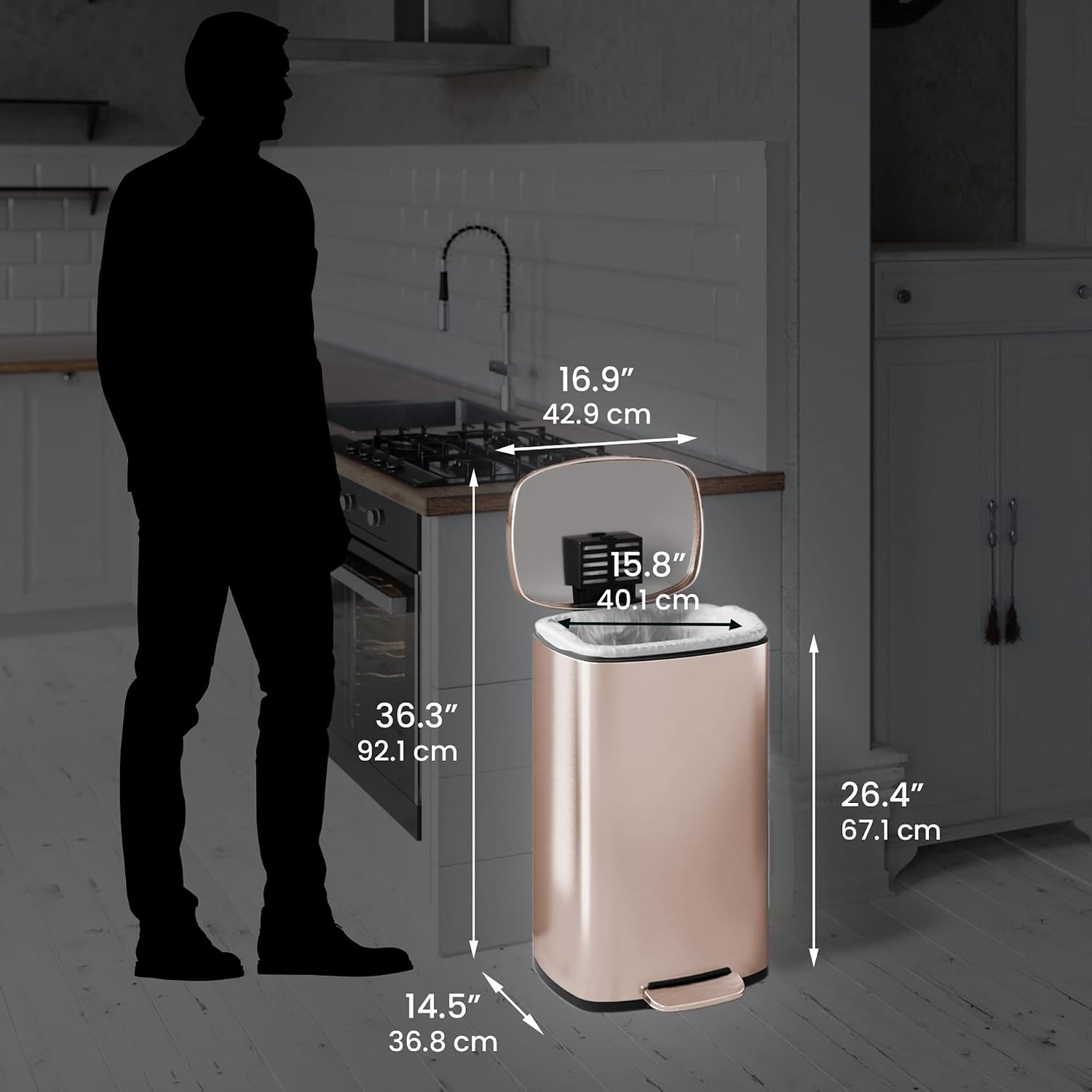 iTouchless Glide 13 Gallon Sensor Garbage Can with Wheels and Odor Control System, Stainless Steel, Automatic Kitchen Bin and Office Trash Bin (Powered by Battery or Optional AC Adapter)