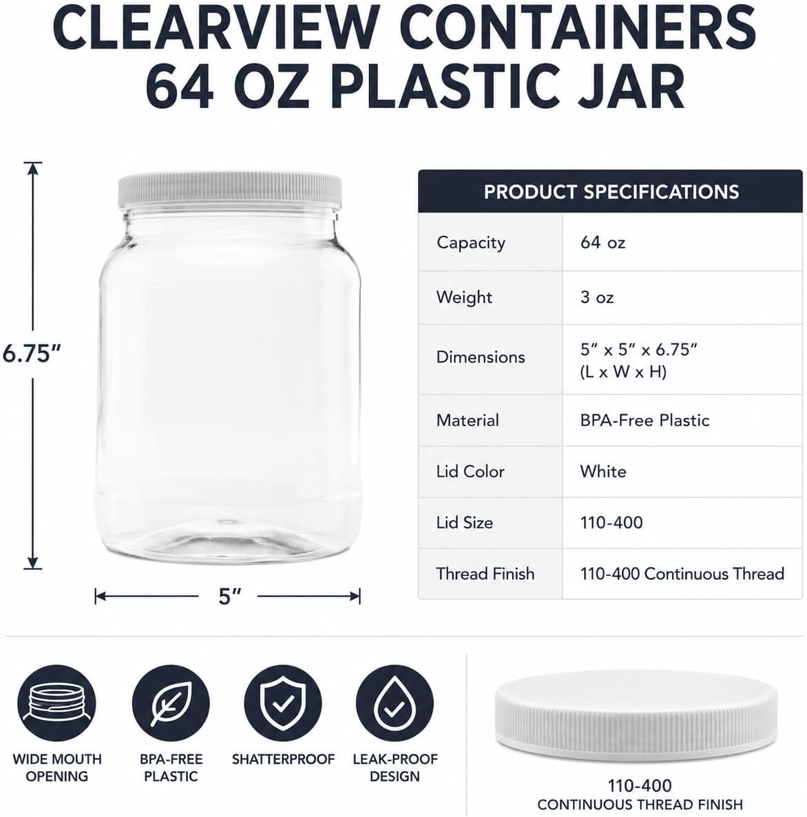 1 Pack - 128 oz (1 Gallon) Plastic Storage Jars with 110-400 Leak Proof Black Lids, Food Grade, BPA Free, Hand Wash Only (128oz, BLK, 1PK)