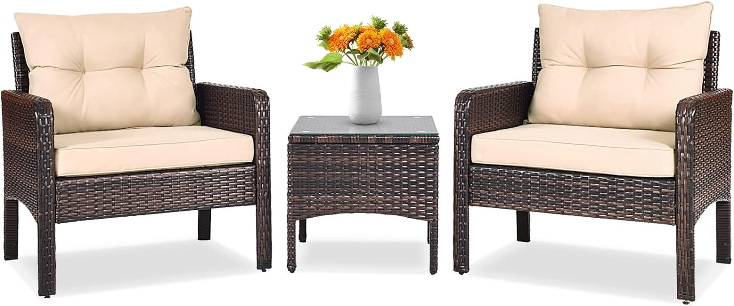 Tangkula 3 Piece Outdoor Patio Furniture Set, Wicker Chairs Set with Glass Top Coffee Table, Thick Cushions