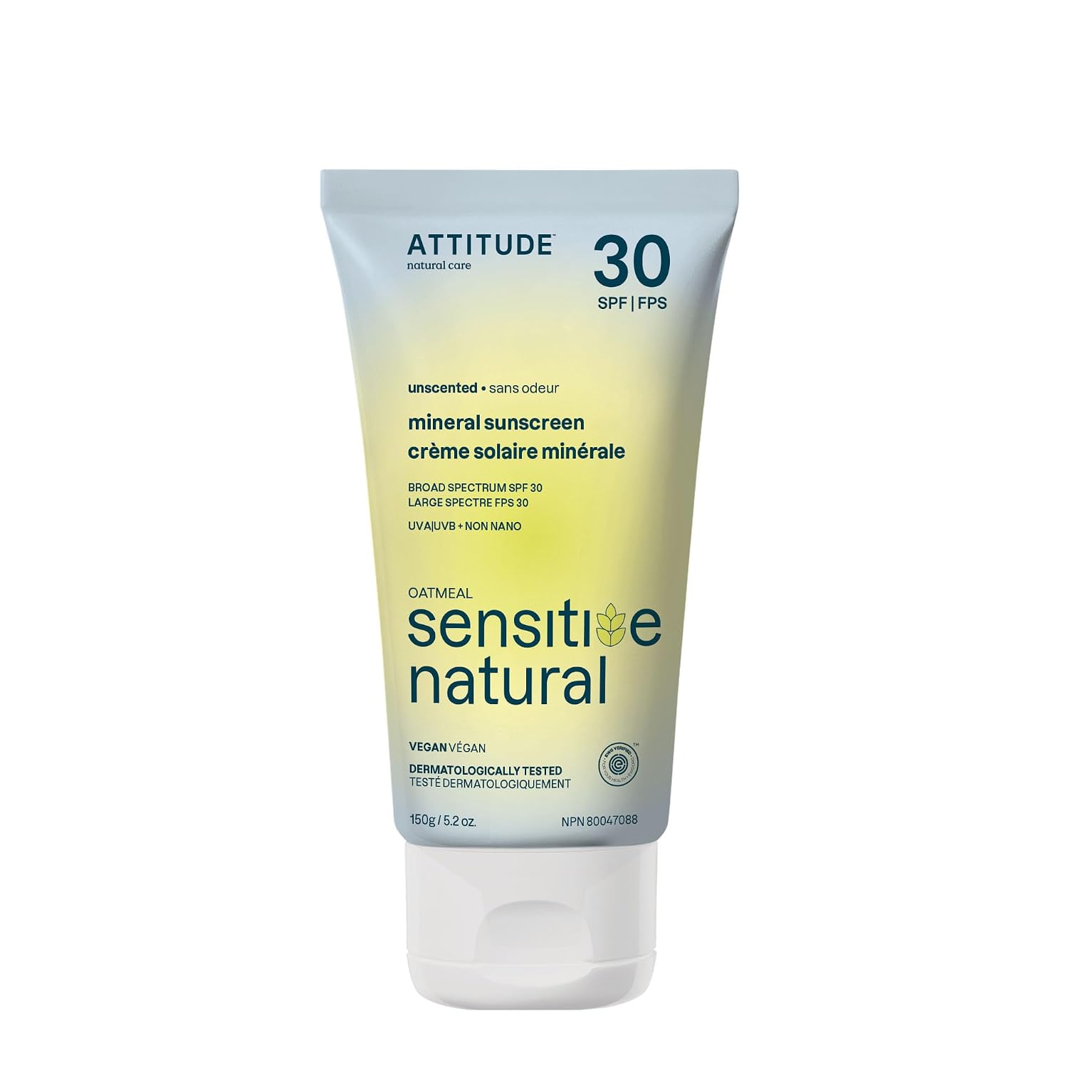 ATTITUDE Mineral Sunscreen for Sensitive Skin, EWG Verified, Broad Spectrum UVA/UVB, Dermatologically Tested, Plant and Mineral-Based Formula, Vegan