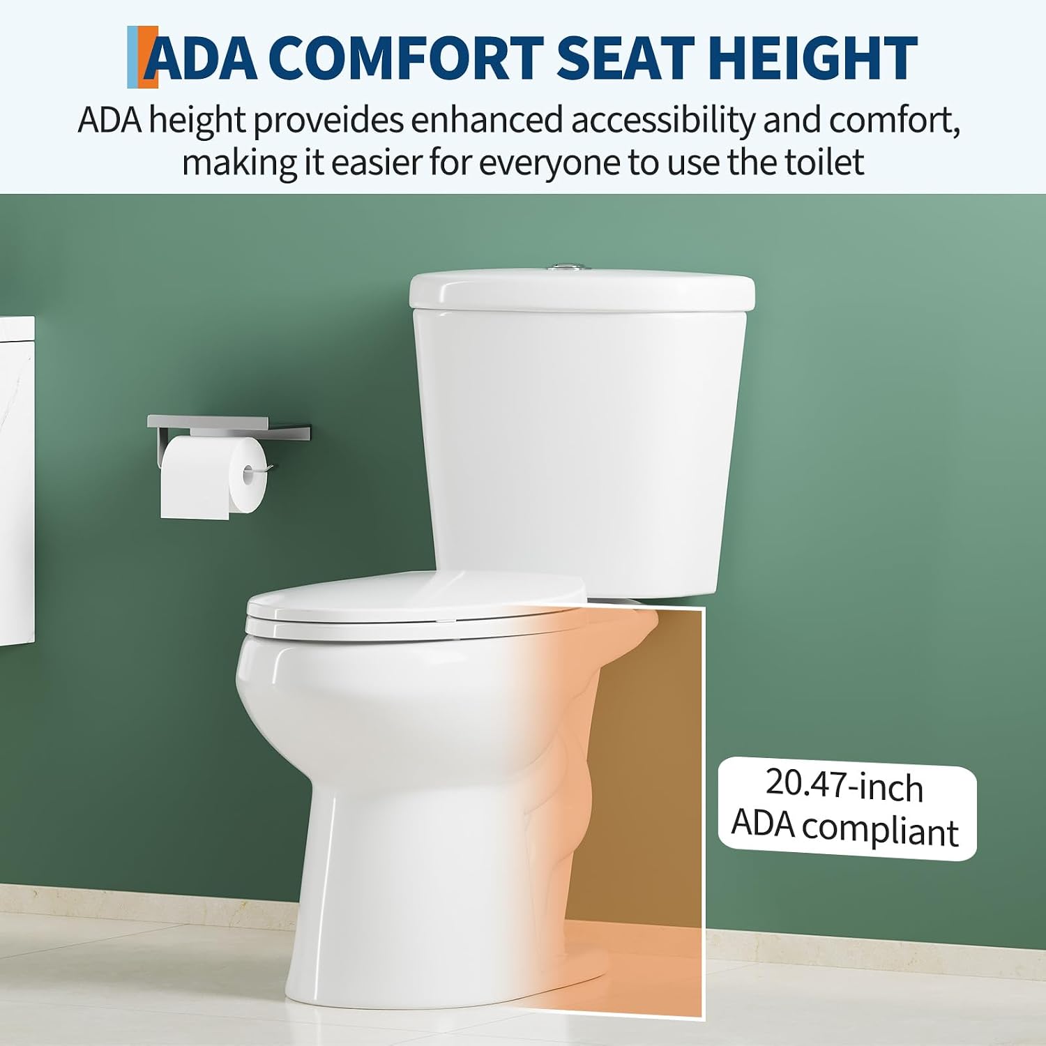 Two-Piece Toilets for Bathrooms, Comfort ADA Toilet with 19" Height, Elongated with Soft Close Seat, Power Flush 1.28 GPF