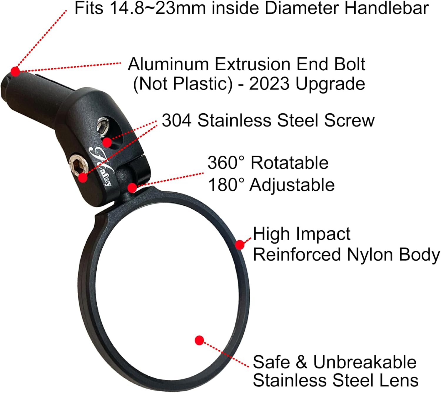 Hafny Bike Mirror, Bike Bar End Mirror, Unbreakable Stainless Steel Lens, Safe Adjustable Rearview Mirror, Cycle, E-bike, HF-MR083/HF-M851-FR03 (Black 62mm Dia)