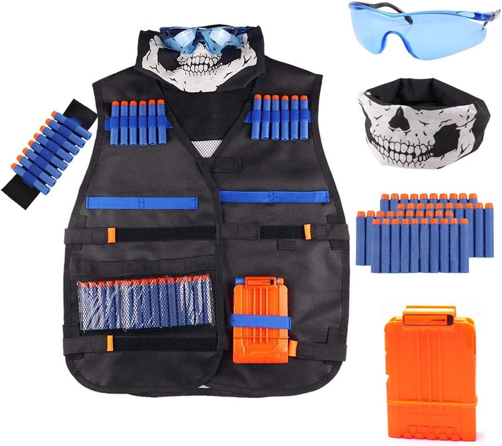 Tactical Vest Kit for Nerf Guns N-Strike Elite Series | with Refill Darts, Reload Clips, FaceTube Mask, Hand Wrist Bands, and Protective Glasses
