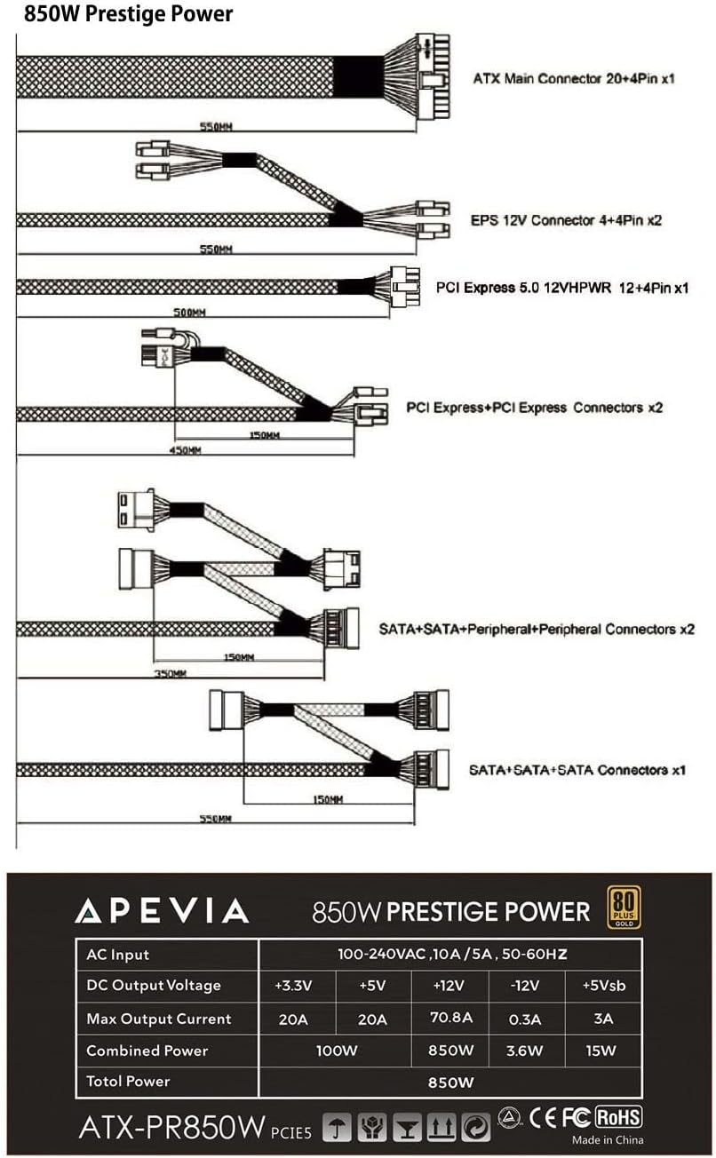 Apevia ATX-PR800W Prestige 800W 80+ Gold Certified, RoHS Compliance, Active PFC ATX Gaming Power Supply