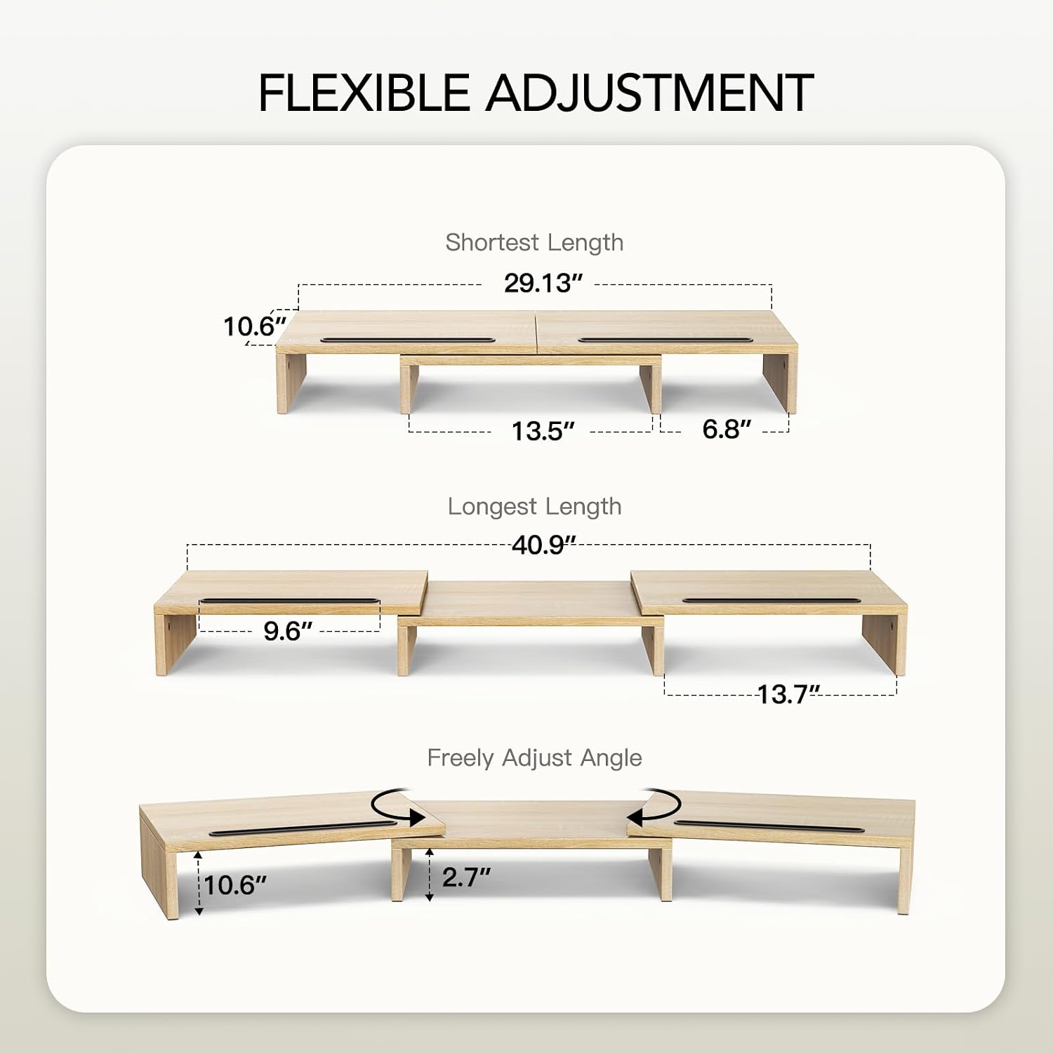 AMERIERGO Dual Monitor Stand Riser- 3 Shelf Screen Stand with Adjustable Length and Angle, 2 Extra Functional Slot Desktop Organizer Stand for PC