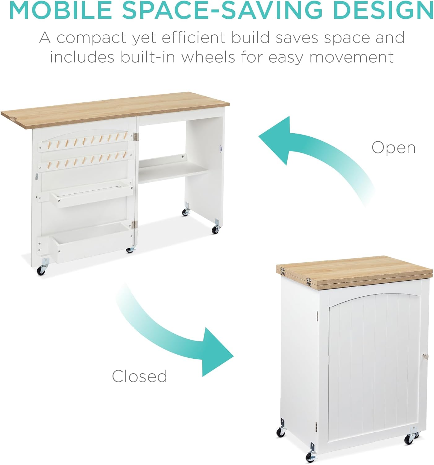 Best Choice Products Folding Sewing Table Multipurpose Craft Station & Side Desk with Compact Design, Wheels, Shelves, Storage Trays, Pegs