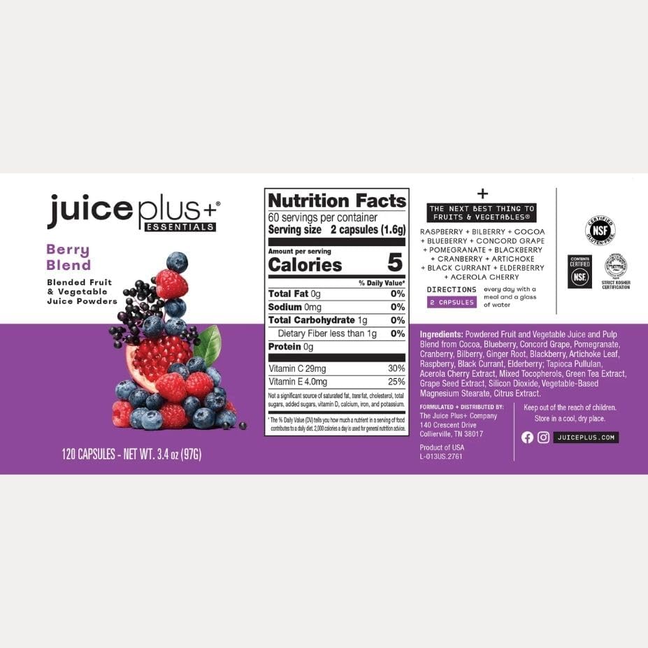 JuicePlus+ Fruit & Vegetable Blend, 2 Bottles (60+60 Servings) | Made from 20 whole fruits & vegetables — peels, leaves, seeds included — convenient daily fruit and veggie blend