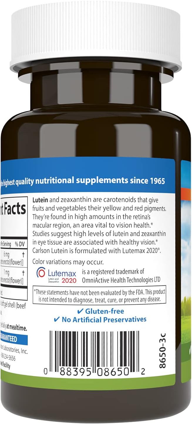 Carlson Lutein, 6 mg, + Zeaxanthin, Made with Lutemax 2020, 60 Softgels | Healthy Vision; Eye Function