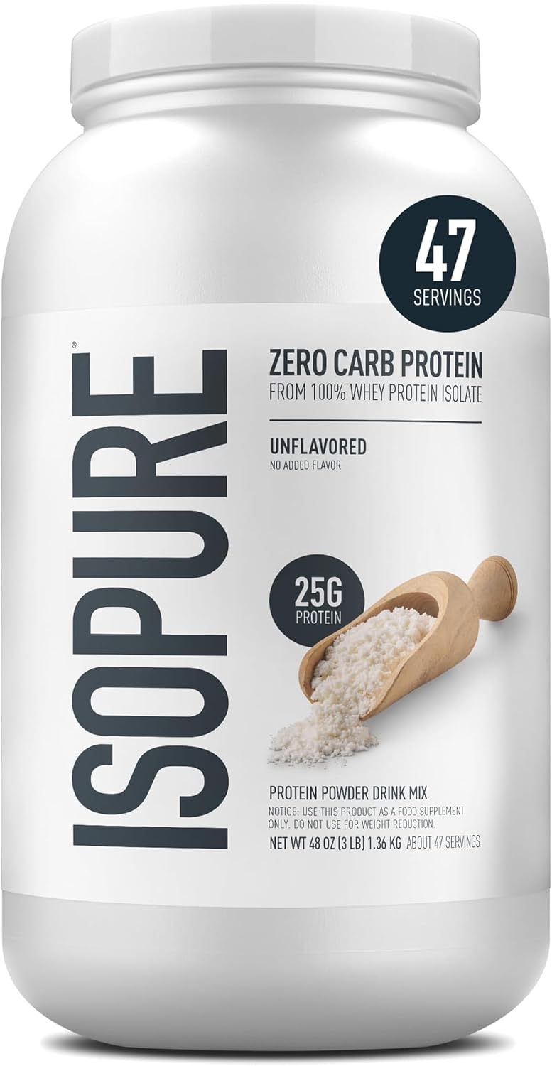 Isopure Zero Carb 100% Pure Whey Isolate Protein Powder, Gluten Free, with Vitamins, Unflavored, 25g Protein Per Serving, 3 lb | 25g Protein Per Serving, 100% Whey Protein Isolate, Gluten Free, with Added Vitamins for Immune Support & Muscle Recovery