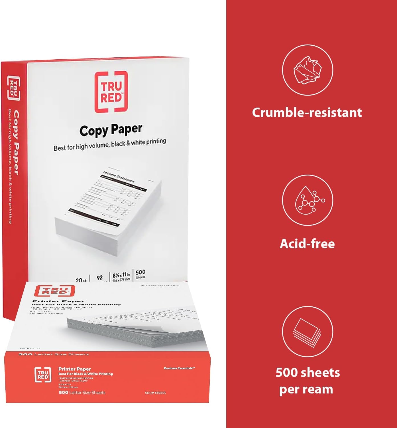 Staples TRU RED Copy & Printer Paper, 8.5 x 11, 20 lb, 92 Bright, 5,000 Sheets/Carton, White Letter Size Paper for Office, School & Home