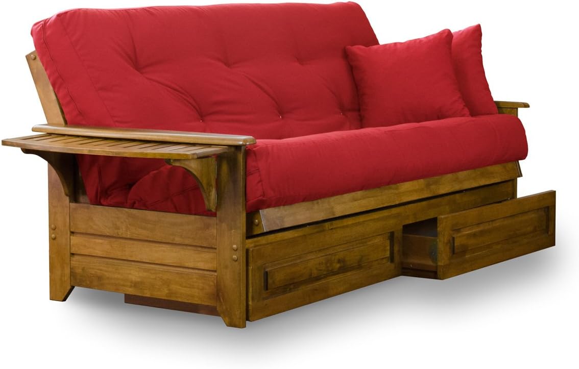 Brentwood Tray Arm Futon Frame, Drawers, and Khaki Mattress Set - Queen, Rich Heritage Finish