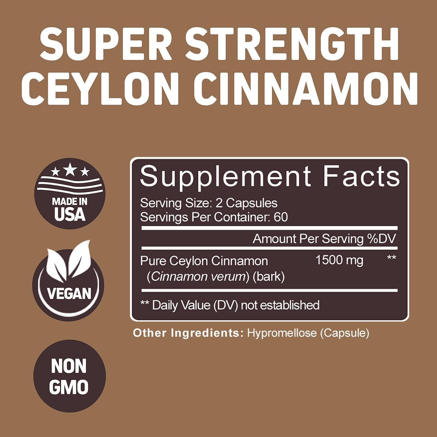 Herbtonics Pure Ceylon Cinnamon Capsules | Immune System, Healthy Weight Management | Non-GMO, Gluten Free | 1500 Mg - 120 Capsules