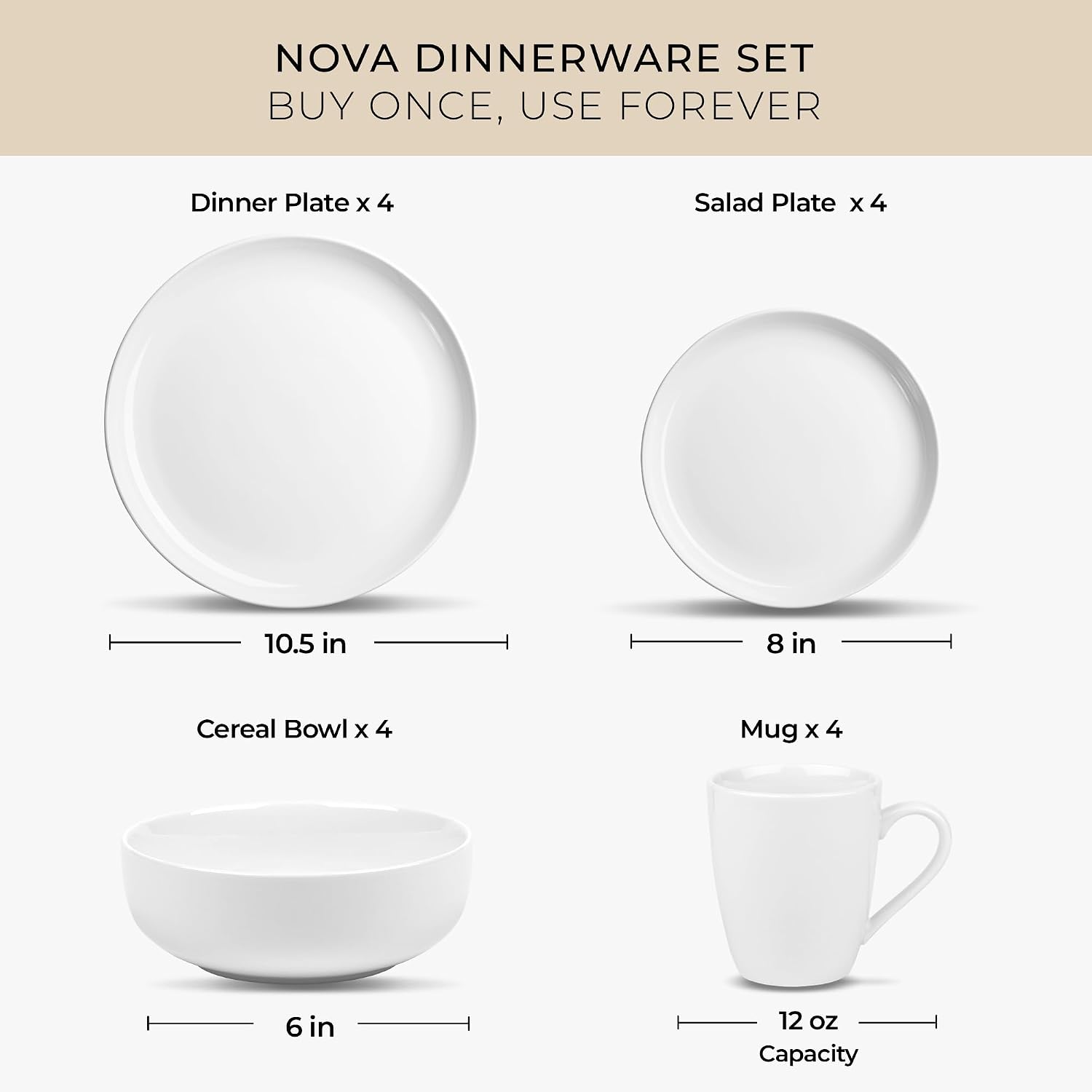 Zulay Kitchen Luna Plates and Bowls Sets, 16 Piece Modern Porcelain Dish Set for 4, Chip and Scratch Resistant Square Dinnerware Set