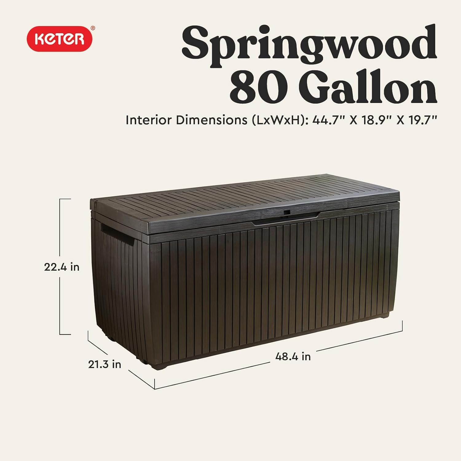 Keter Springwood 80 Gallon Resin Outdoor Storage Box for Patio Furniture Cushions, Pool Toys, and Garden Tools with Handles, Brown