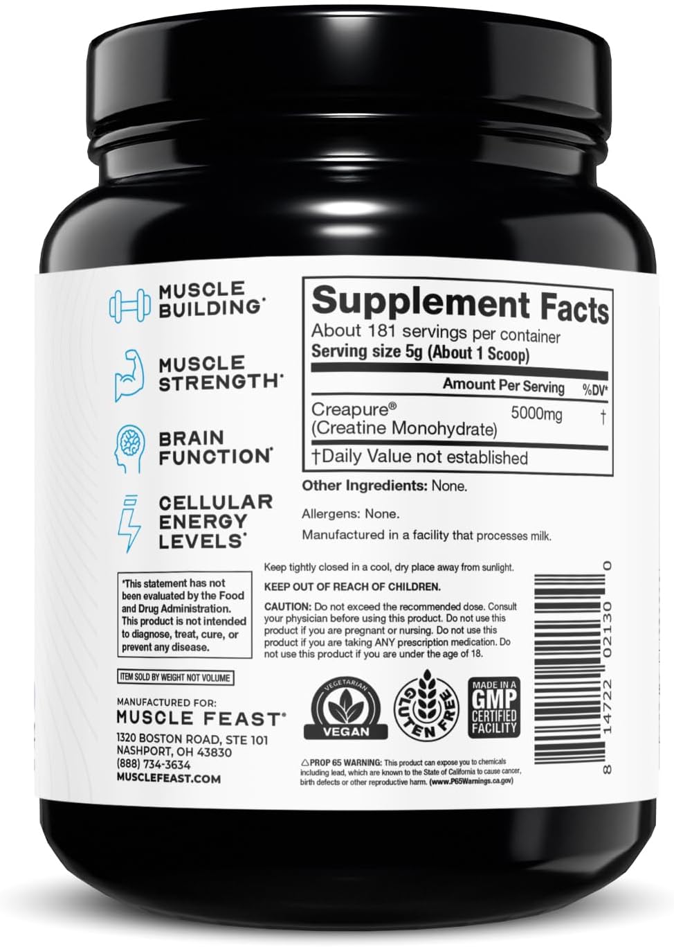 Muscle Feast Creapure Creatine Monohydrate Powder, Unflavored (300g) | Vegan, Non-GMO, Keto Friendly Mass Gainer, Muscle Recovery Supplement & Trusted Creatine for Muscle Growth, Creatine Powder
