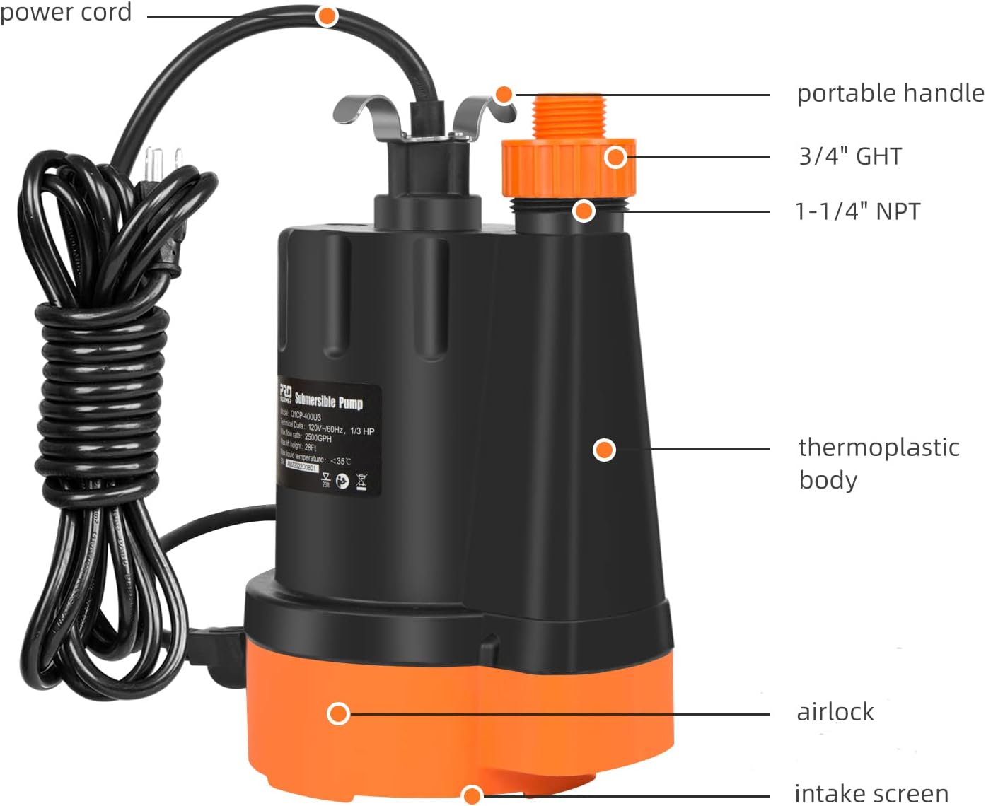 1/3 HP Submersible Water Pump, 2500GPH Utility Pump | Portable Electric Clean Water Drainage Pump for Pool Draining, Flooding