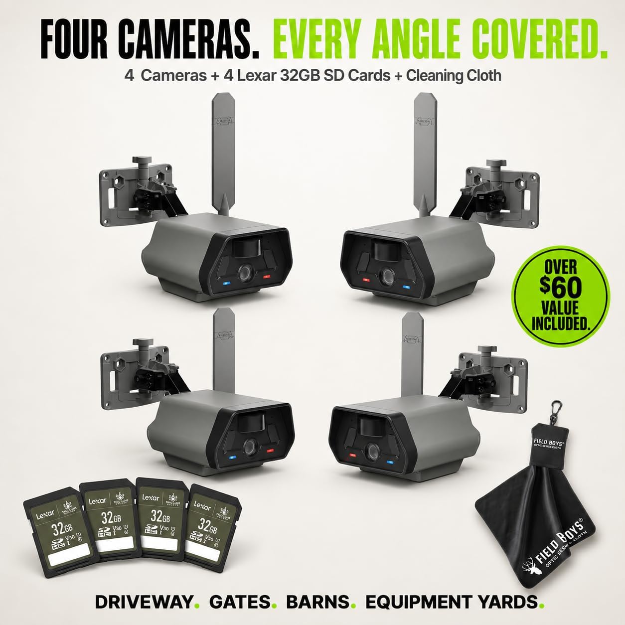 TACTACAM Defend Cellular Security Camera 4-Pack Bundle – 4 Lexar 32GB SD Cards Included – 4G LTE