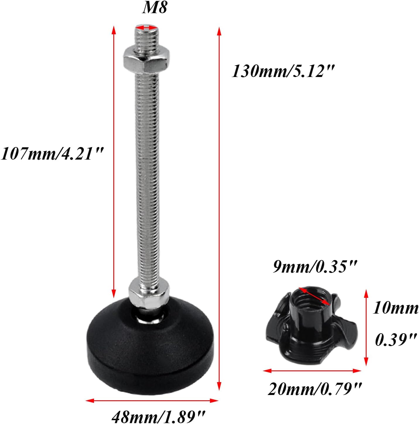 Antrader 4Pcs M8 x 2 Inch Steel Adjustable Leveling Feet,2 Inch Nylon Base | Reinforced Articulated Foot Cups for Furniture & Equipment,Anti-slip Dotted Rubber Base,Reduce Vibration & Protect Floors