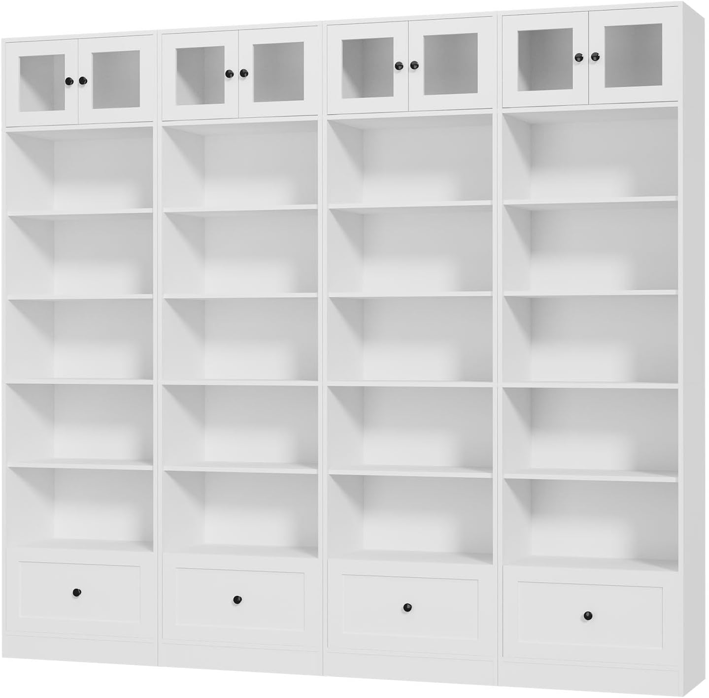 TUSY 85.5 Inch Tall Bookshelf with Doors - 7 Tier Bookcase with Glass Doors and Drawer, 23.6" Wide Storage Cabinet with Open Shelves for Living Room, White Book Shelf for Home Office, Study (AAAA)