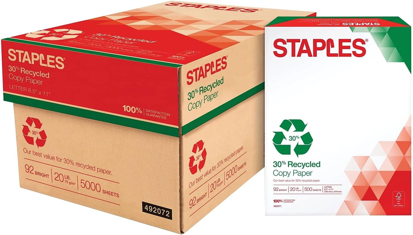 Staples 30% Recycled 8.5-Inch X 11-Inch Copy Paper 20 Lbs 92 Brightness 500/Ream, For Office, School & Home