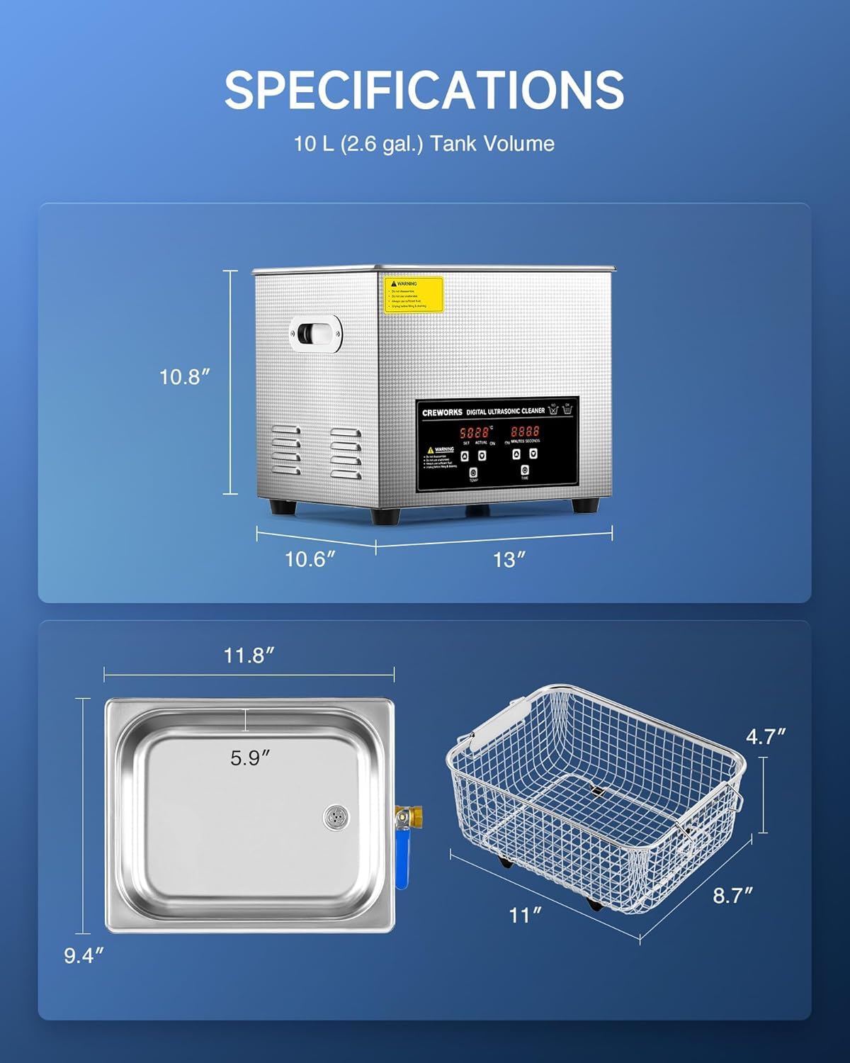 CREWORKS 3L Ultrasonic Cleaner, 0.8 gal Digital Sonic Cavitation Machine | 120W Stainless Steel Professional Jewelry Cleaner for Cleaning Tool Watch Glasses Retainer Denture Parts with Heater & Timer
