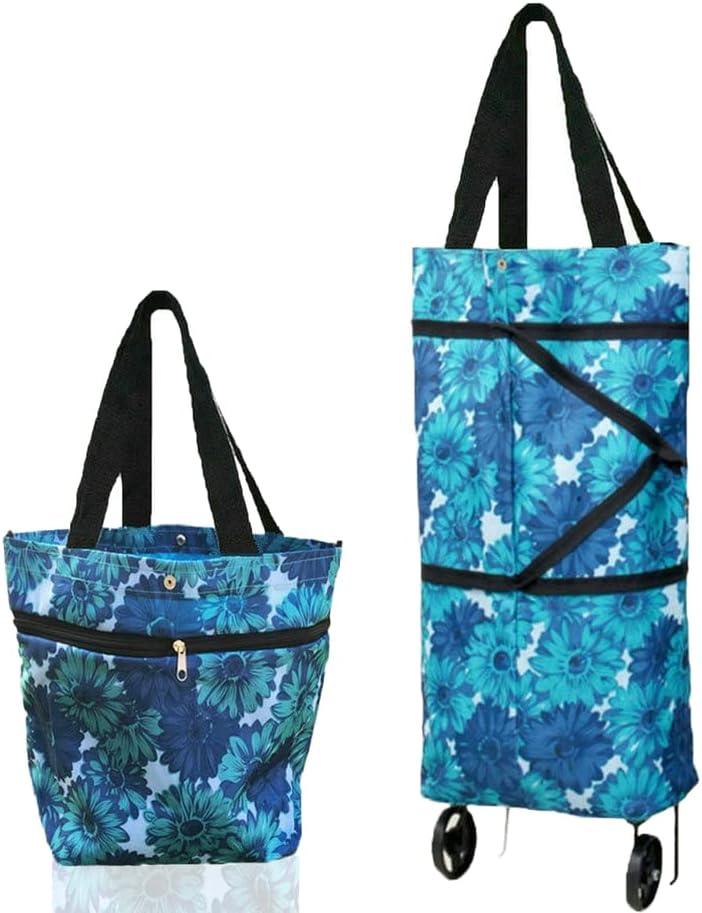 Collapsible Shopping Bag with Wheels Portable Shopping Cart with 360° Swivel Wheels Rolling Tote Bag Reusable Grocery Bag Trolley Bag on Wheels for Travel Shopping and Daily Use(Blue)