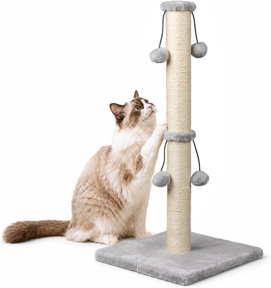 Dimaka 29'' Cat Scratching Post, Natural Sisal Rope Scratcher Post, Kitten Claw Scratch with 4 DanglingToy Balls for Large Cats (Grey)