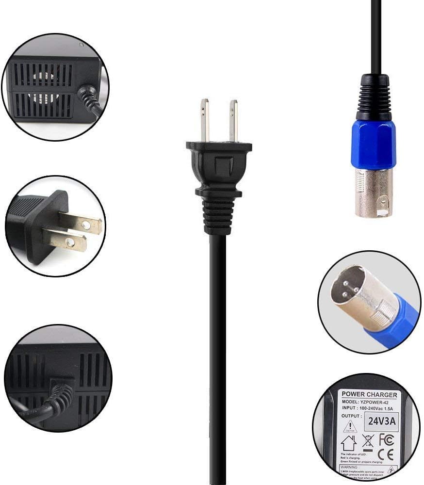 24V 3A Charger, Battery Adapter, Mongoose, Jazzy, GT, eZip, Go-Go Elite Traveller, Shoprider, Jazzy Select 6 Ultra