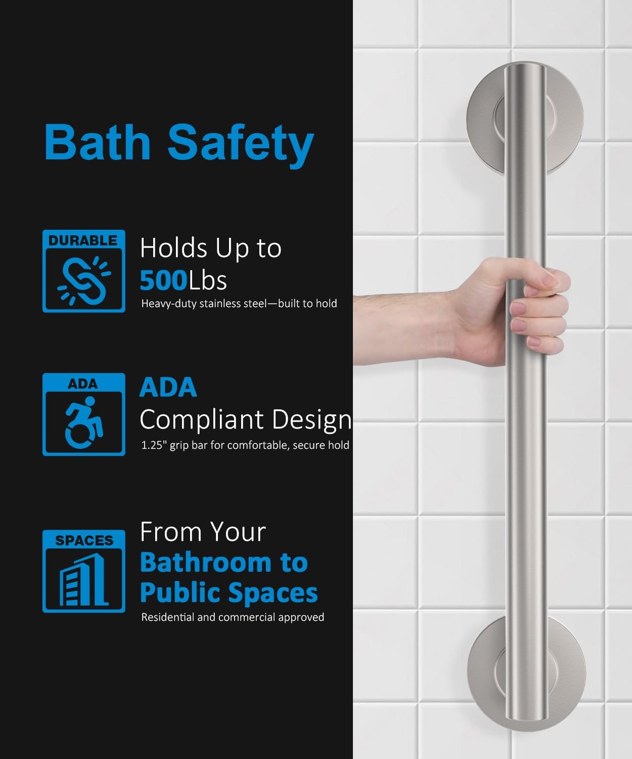 Shower Grab Bar Set, ADA Compliance Brushed Stainless Steel Handicap Grab Bar for Bathtubs and Showers, Modern 3-Pack 18" 24" 36" Shower Safety Bars for Seniors