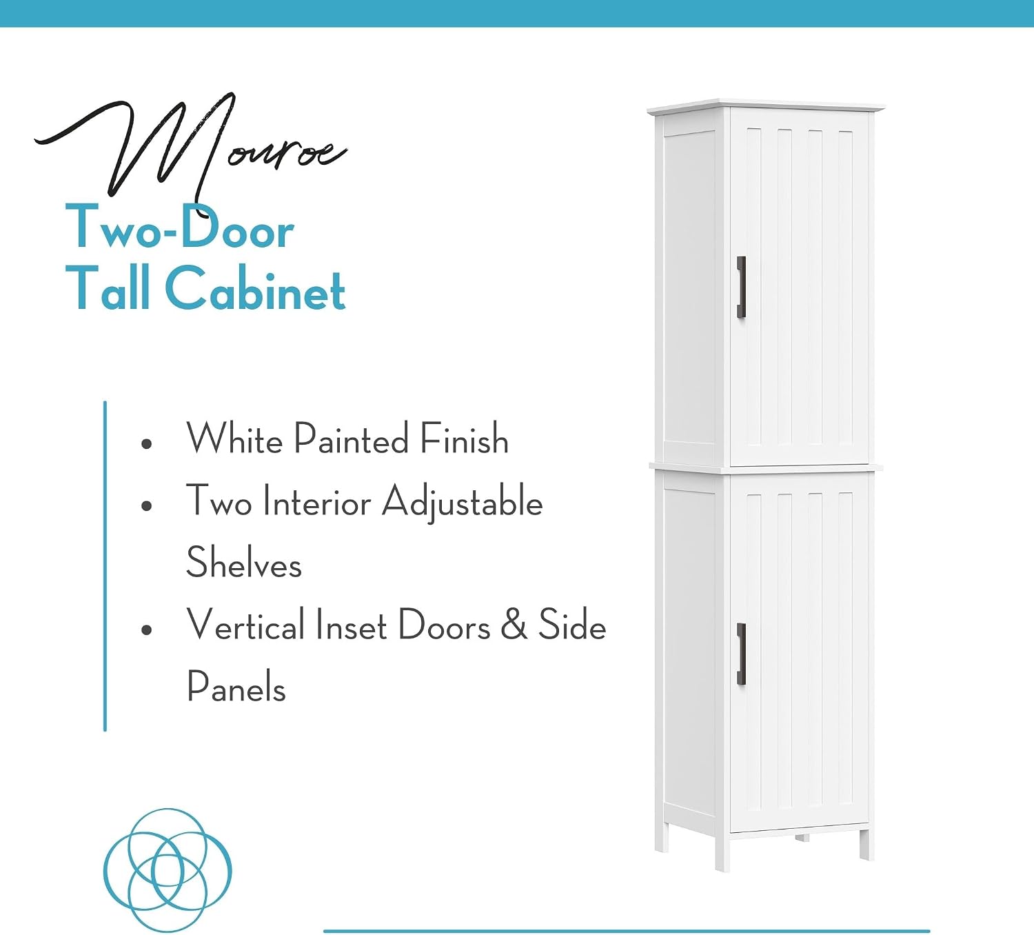 RiverRidge Monroe Tall 2-Door Bathroom Linen Cabinet, White | Soft Close Hinges, Adjustable Shelves, Matte Black Handles, Modern Farmhouse Style