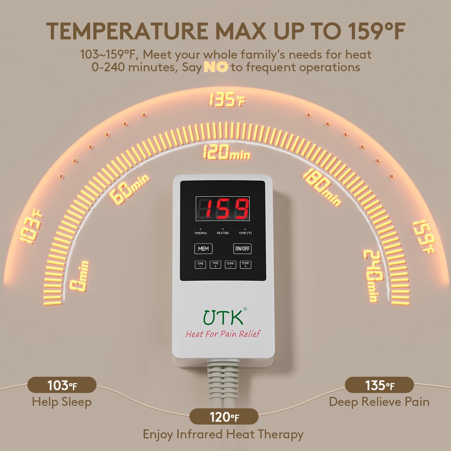 UTK Far Infrared Heating Pad for Back Pain Relief, Natural Jade, 23.5x16 in | 52 Natural Jade & 20 Tourmaline Stones, Up to 159°F, 4H Auto-Off, Memory Function, FSA-HSA Eligible, Gifts for Women & Men